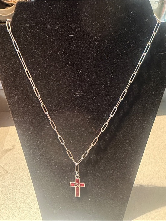 None Jewelry - Inspired Silver-Tone Paperclip Chain Necklace with Red Cross Pendant